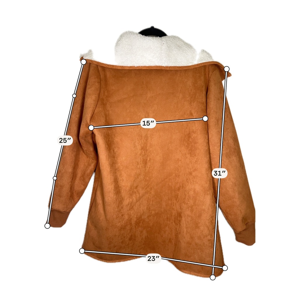 Faux Suede Sherpa Lined Open Front Jacket Size M Cognac Brown Cozy Cabincore - Picture 7 of 12